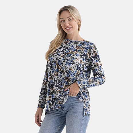 Styledby Leaf Print Round-Neck Knitted Top (One Size) - Grey