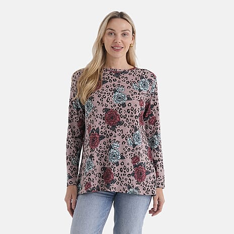 Styledby Rose Print Round-Neck Knitted Top (One Size) - Pink