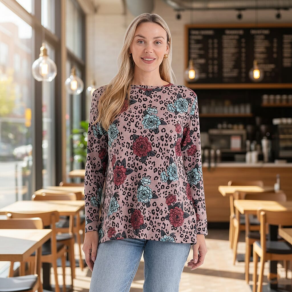 Styledby Rose Print Round-Neck Knitted Top (One Size) - Pink - Red