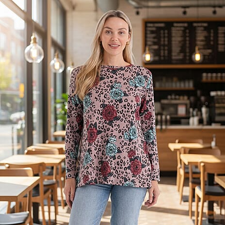 Styledby Rose Print Round-Neck Knitted Top (One Size) - Pink