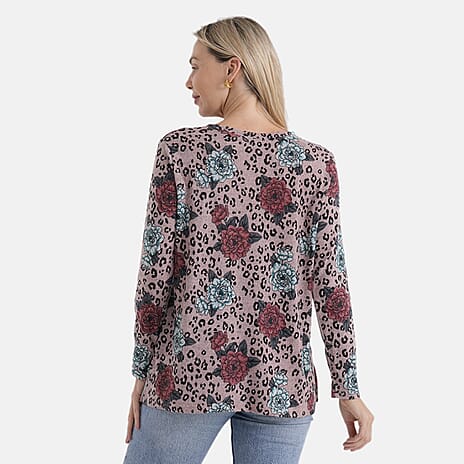 Styledby Rose Print Round-Neck Knitted Top (One Size) - Pink