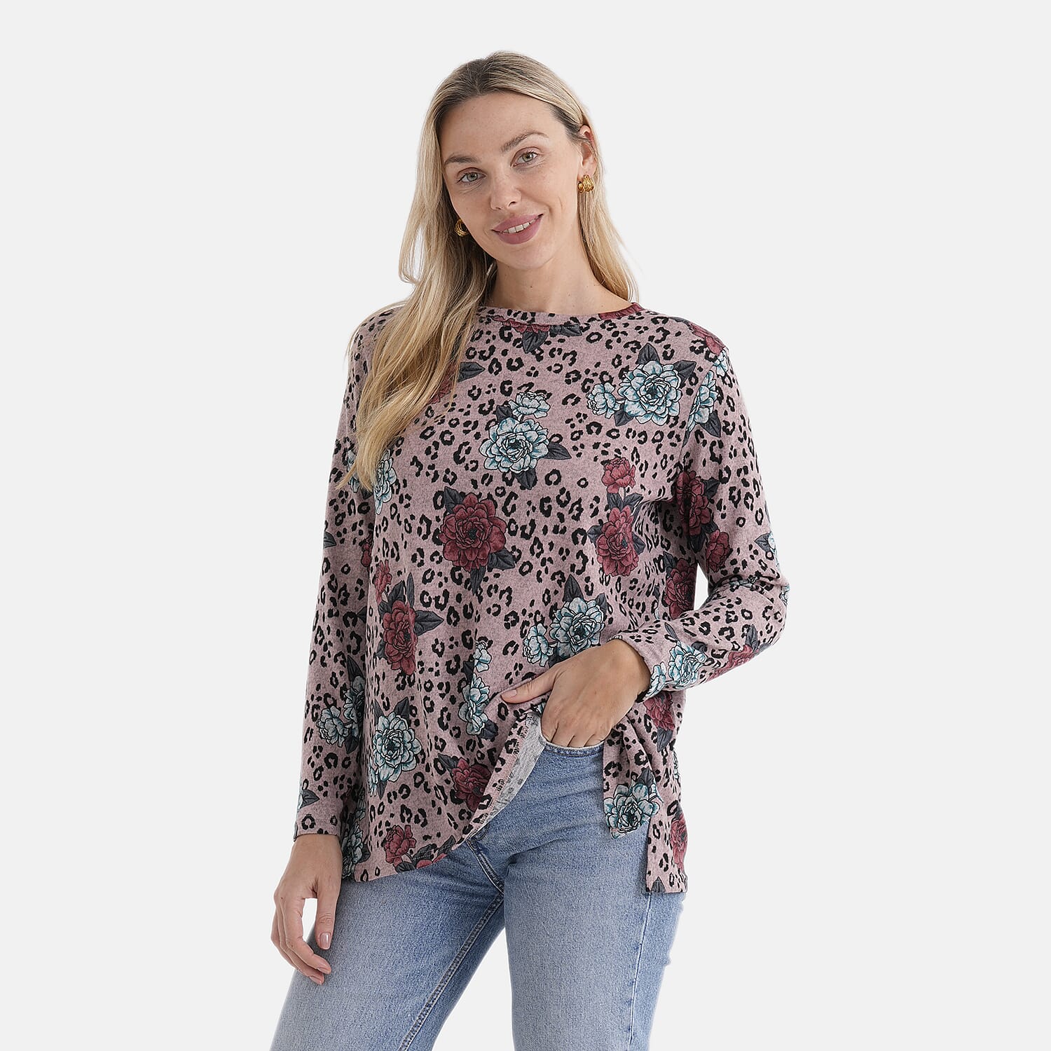 Styledby Rose Print Round-Neck Knitted Top (One Size) - Pink - Red