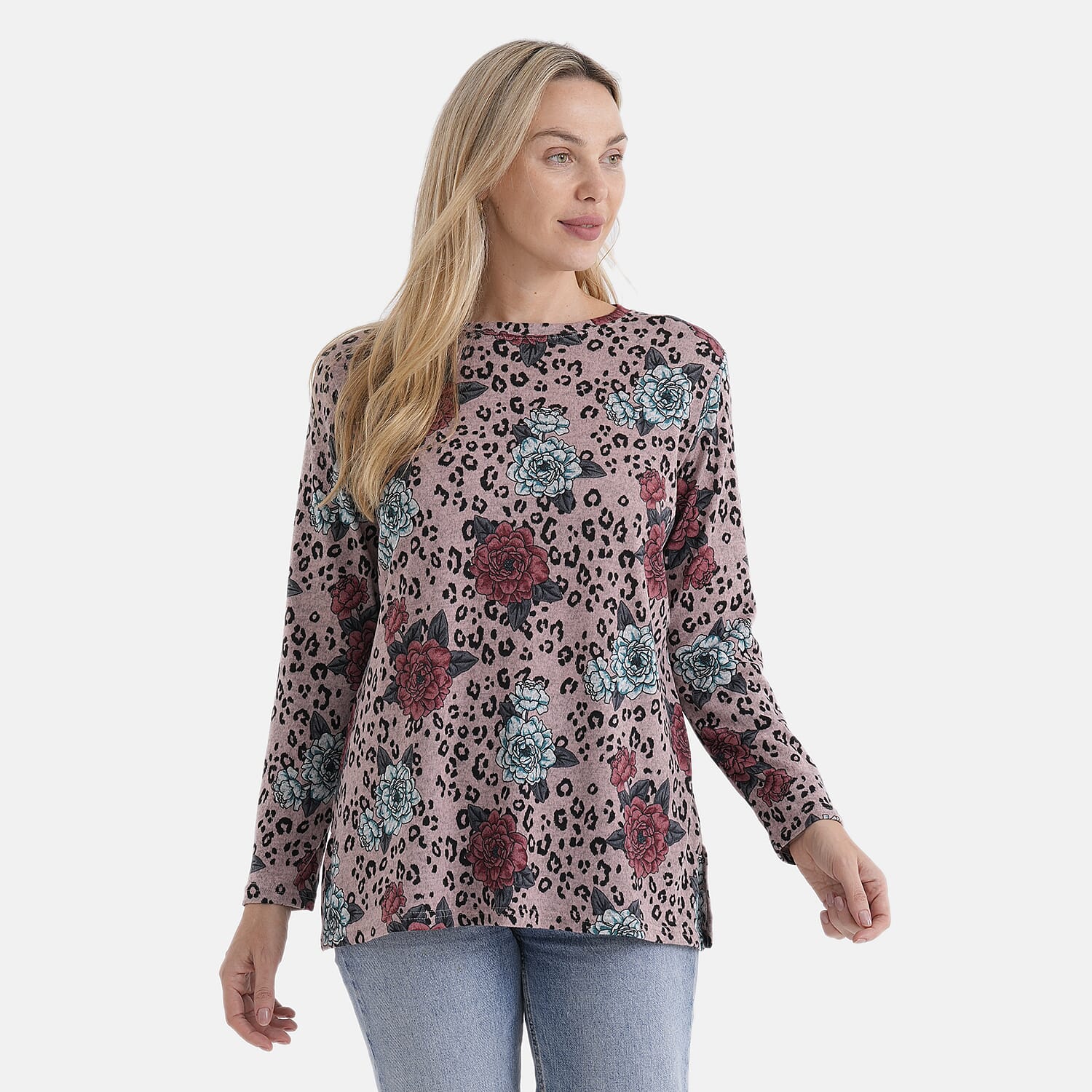 Styledby Rose Print Round-Neck Knitted Top (One Size) - Pink - Red