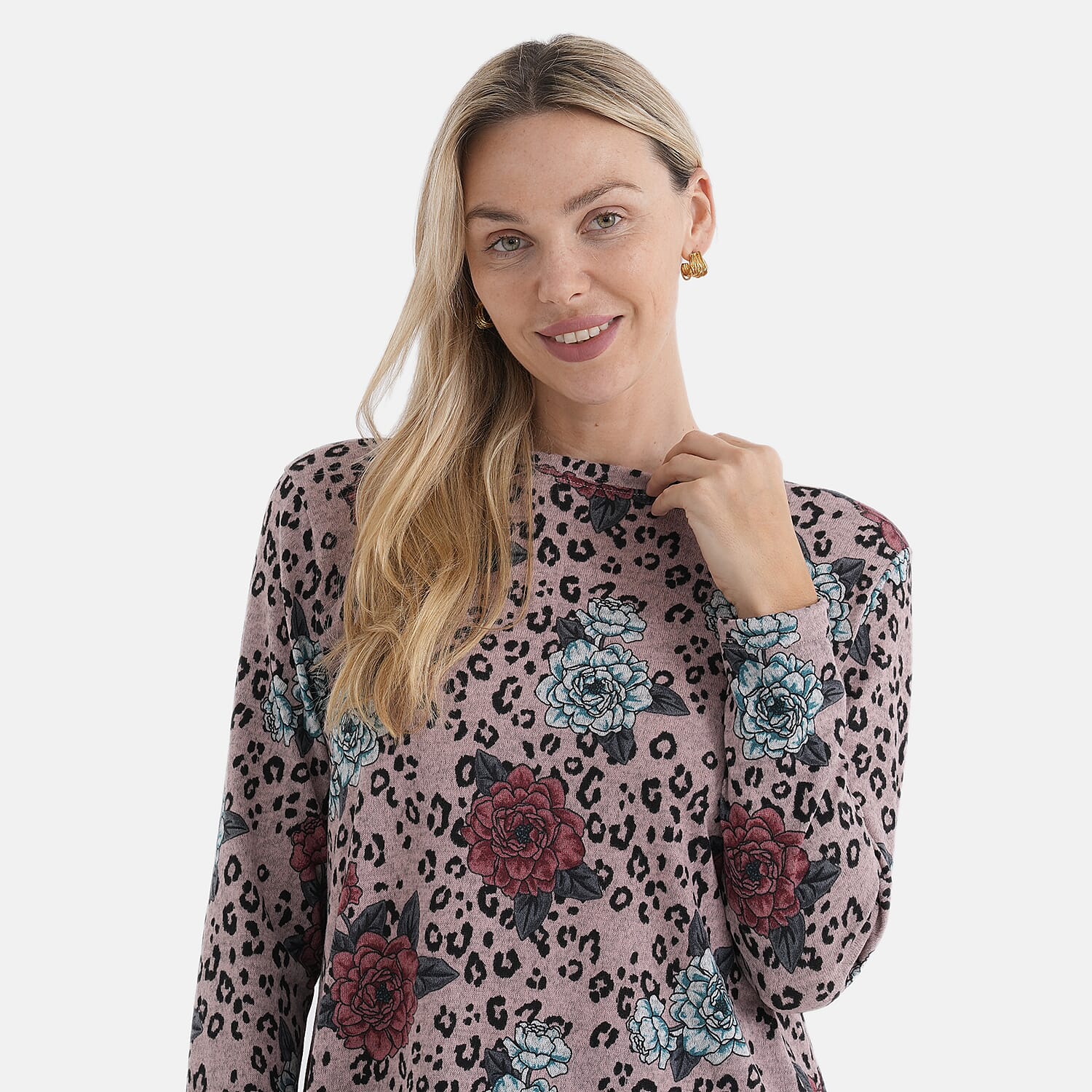 Styledby Rose Print Round-Neck Knitted Top (One Size) - Pink - Red