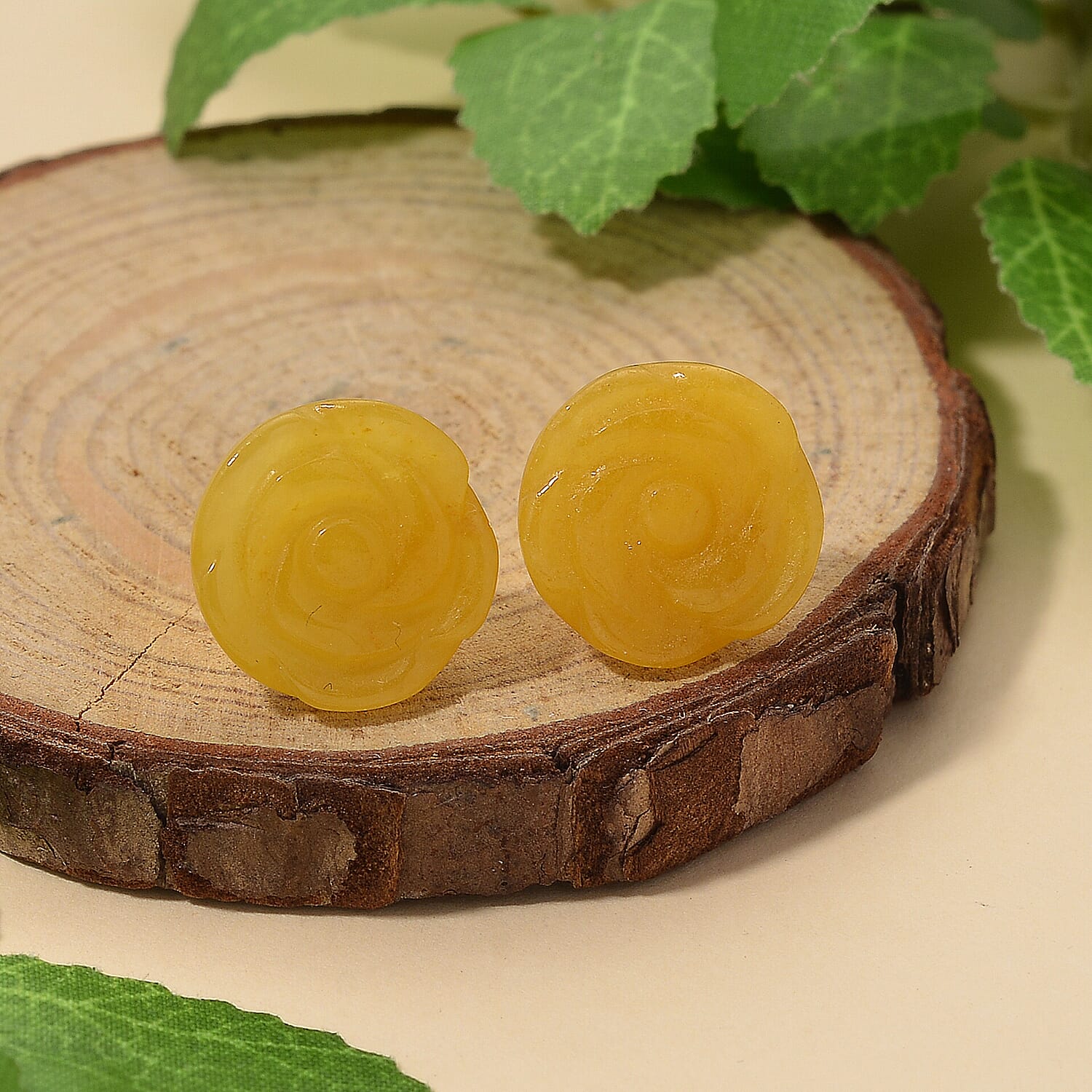 D'Joy Honey Jade Beads Flower Earring with Push Back in Yellow Gold Plated Sterling Silver 20.00 Ct.