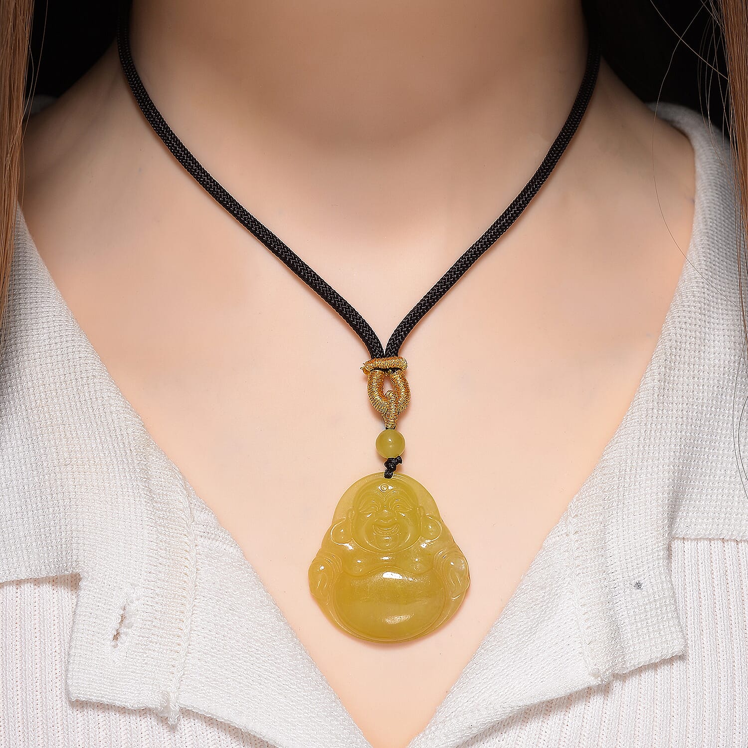 Honey Jade Buddha Embossed Necklace with Cotton Thread (Size 28 Adjustable)
