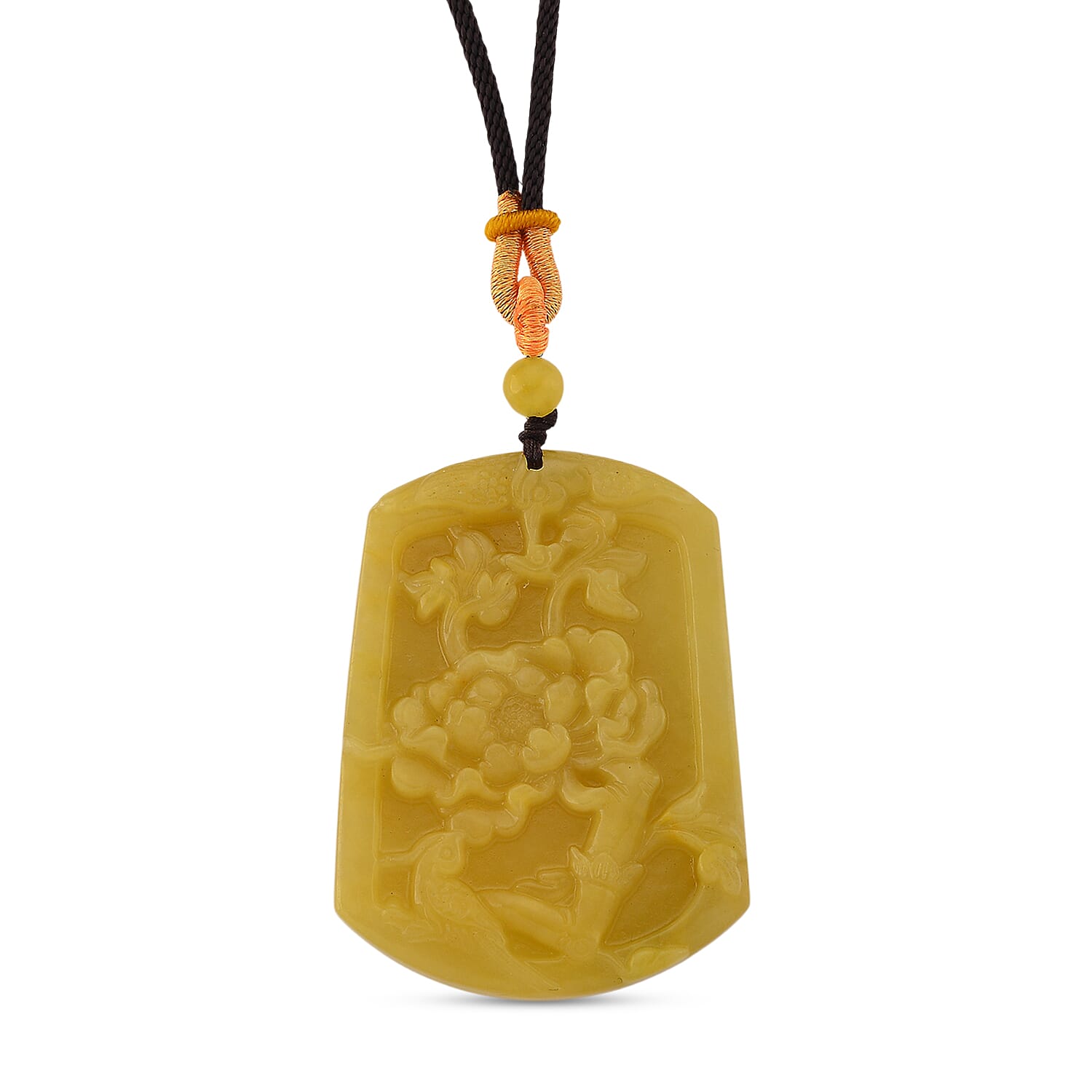 Honey Jade Flower Embossed Necklace with Cotton Thread (Size 26 Adjustable)