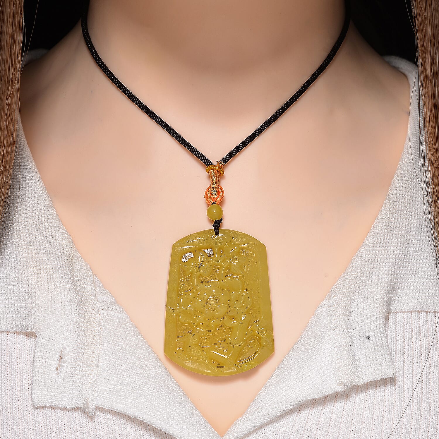 Honey Jade Flower Embossed Necklace with Cotton Thread (Size 26 Adjustable)