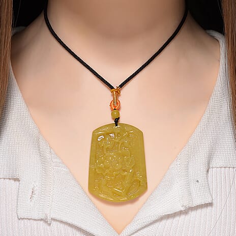 Honey Jade Flower Embossed Necklace with Cotton Thread (Size 26 Adjustable)