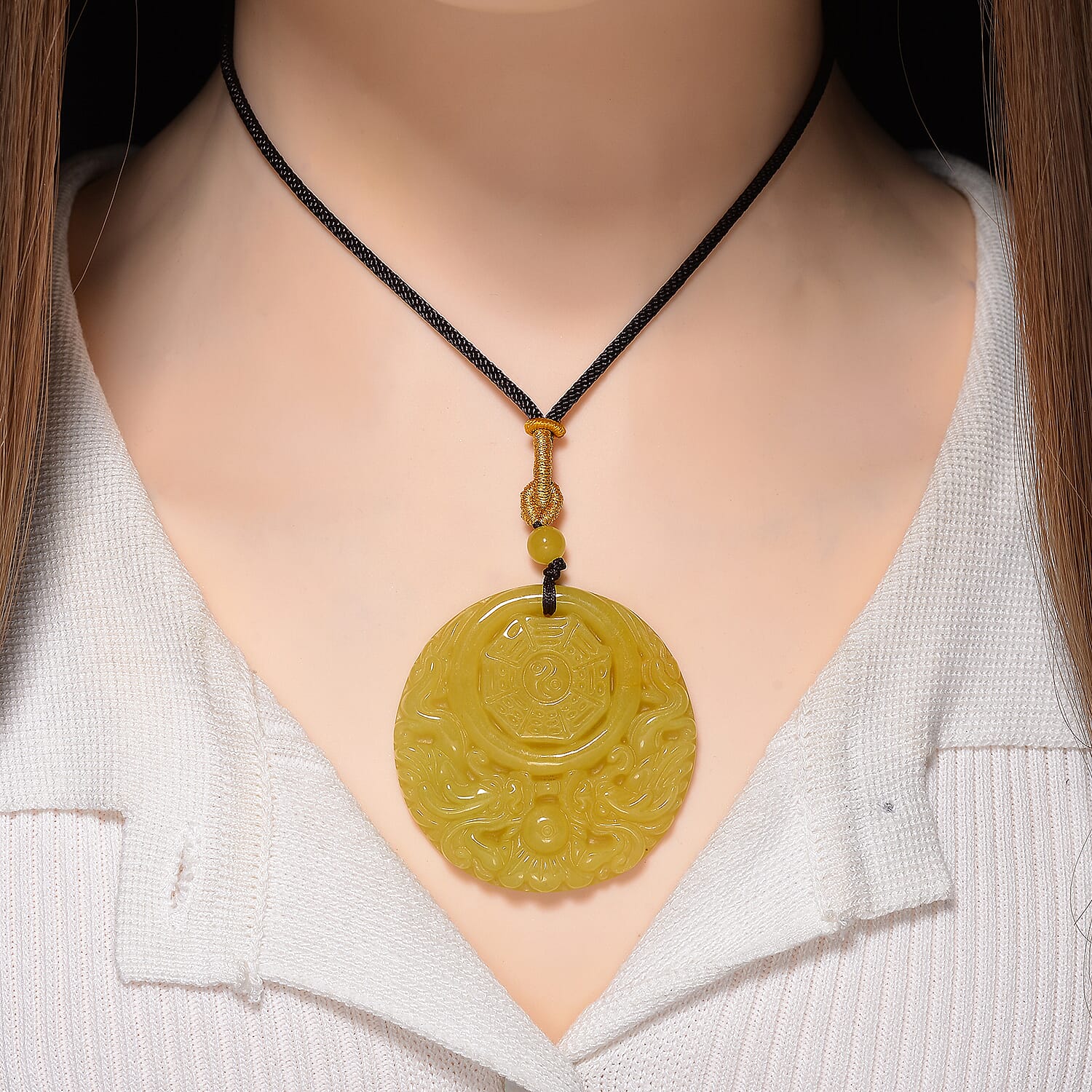 Honey Jade Dragon Embossed Necklace with Cotton Thread (Size 24 Adjustable) 145.00 Ct.