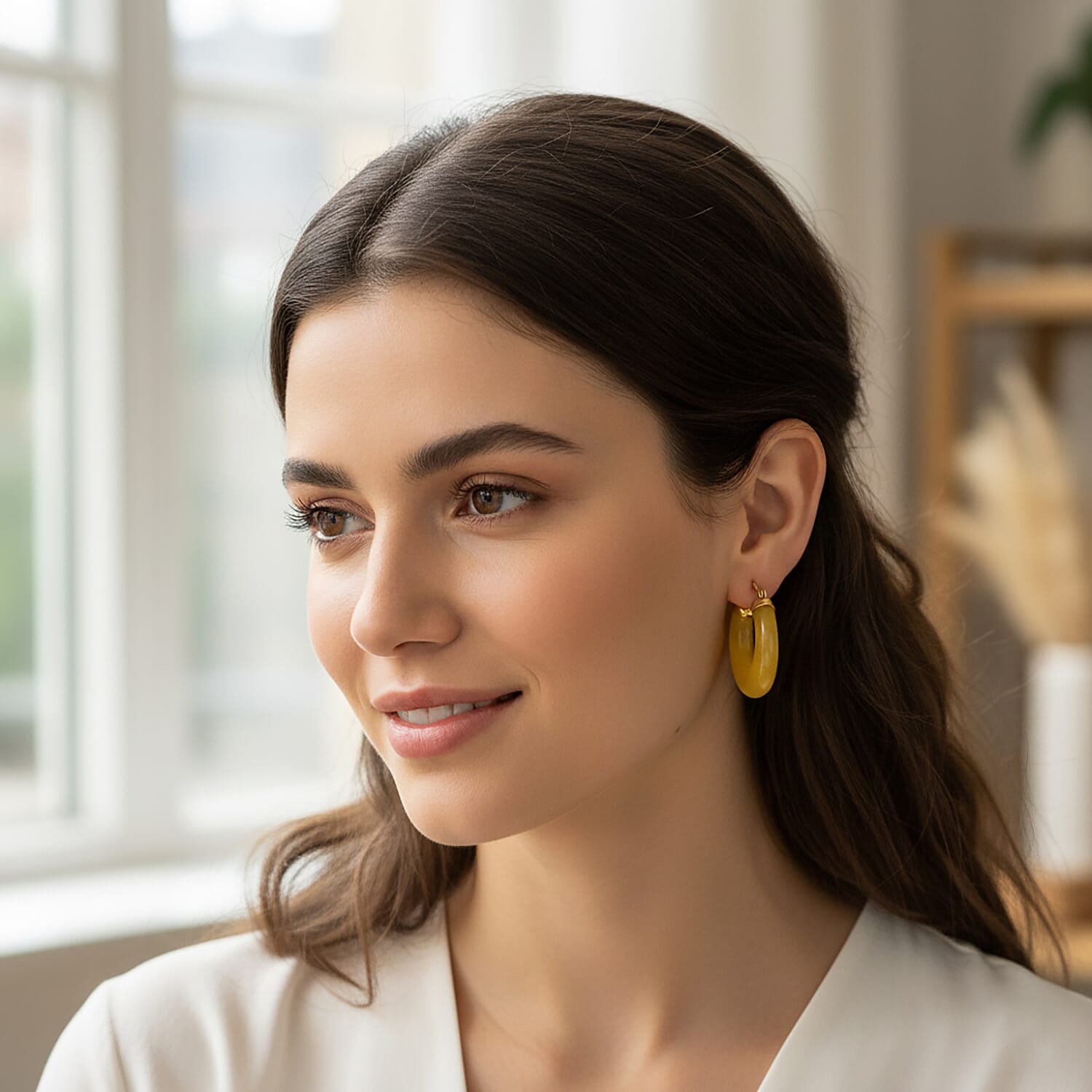 D'Joy Honey Jade Beads Earring with Clasp in Yellow Gold Plated Sterling Silver 41.50 Ct.