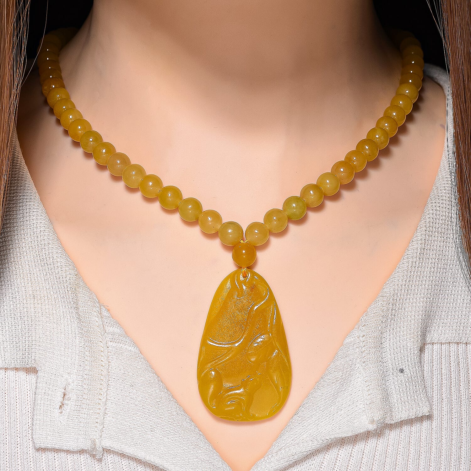 D'Joy Honey Jade Beads Necklace (Size 20 - 2 Ext) in Yellow Gold Plated Sterling Silver 364.50 Ct.