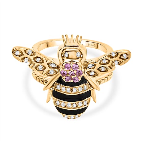 GP Italian Garden Collection - Pink Sapphire & Multi Gemstones Crown on Bee Ring in 18K Vermeil Yellow Gold Plated Sterling Silver