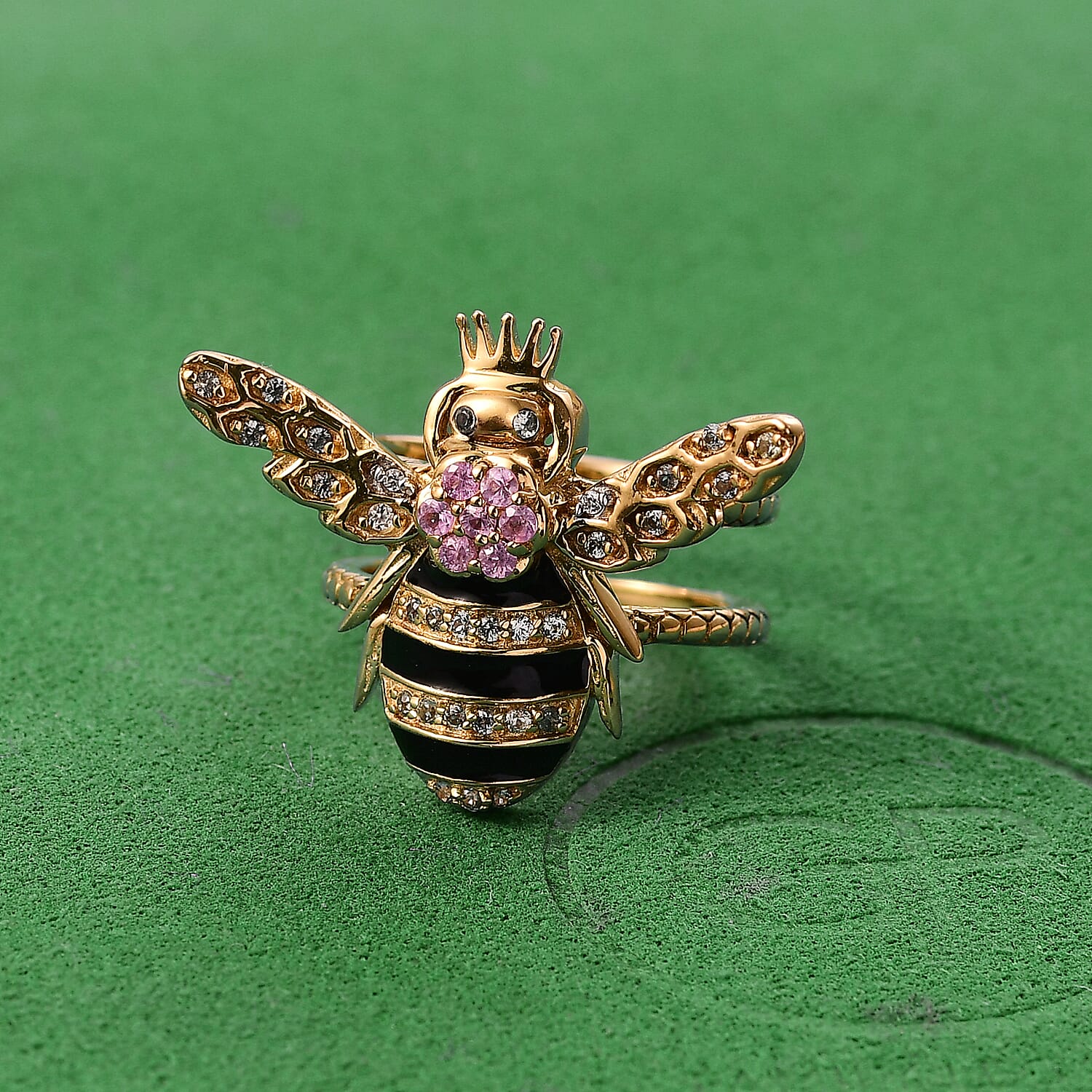 GP Italian Garden Collection - Pink Sapphire & Multi Gemstones Crown on Bee Ring in 18K Vermeil Yellow Gold Plated Sterling Silver