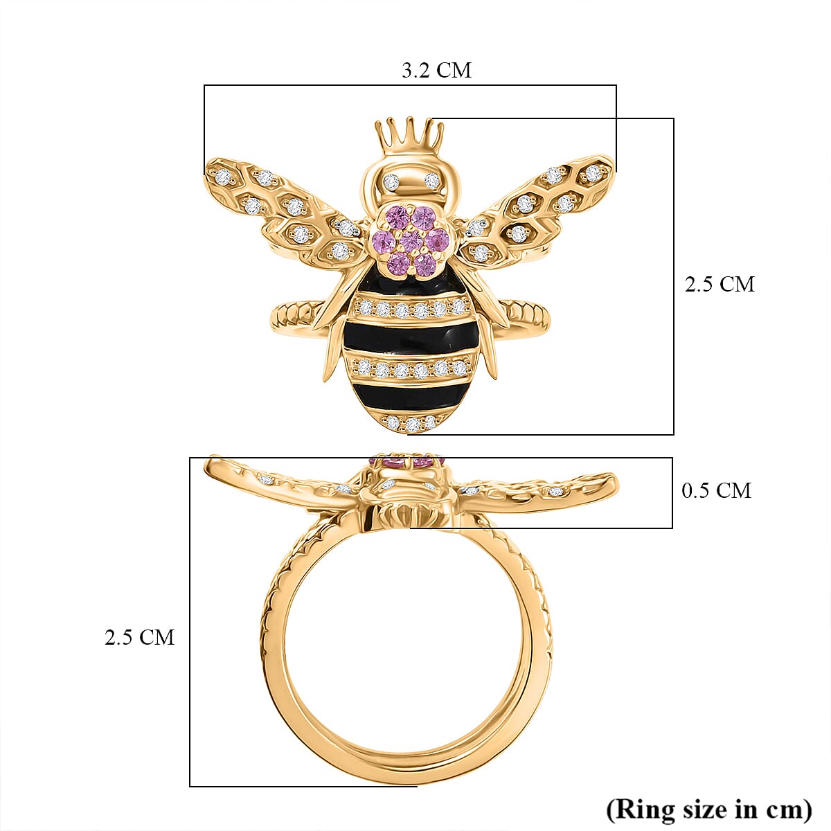 GP Italian Garden Collection - Pink Sapphire & Multi Gemstones Crown on Bee Ring in 18K Vermeil Yellow Gold Plated Sterling Silver