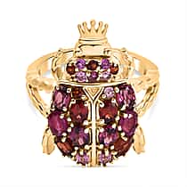 GP Italian Garden Collection - African Ruby & Multi Gemstones Crown on Beetle Ring in 18K Vermeil Yellow Gold Plated Sterling Silver 3.07 Ct.