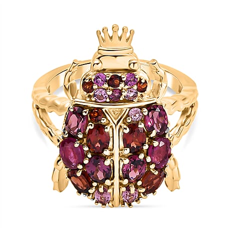 GP Italian Garden Collection - African Ruby & Multi Gemstones Crown on Beetle Ring in 18K Vermeil Yellow Gold Plated Sterling Silver 3.07 Ct.