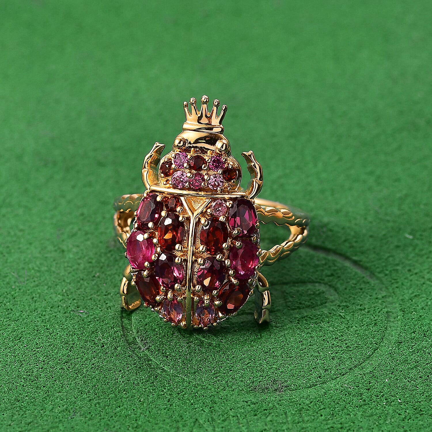 GP Italian Garden Collection - African Ruby & Multi Gemstones Crown on Beetle Ring in 18K Vermeil Yellow Gold Plated Sterling Silver 3.07 Ct.