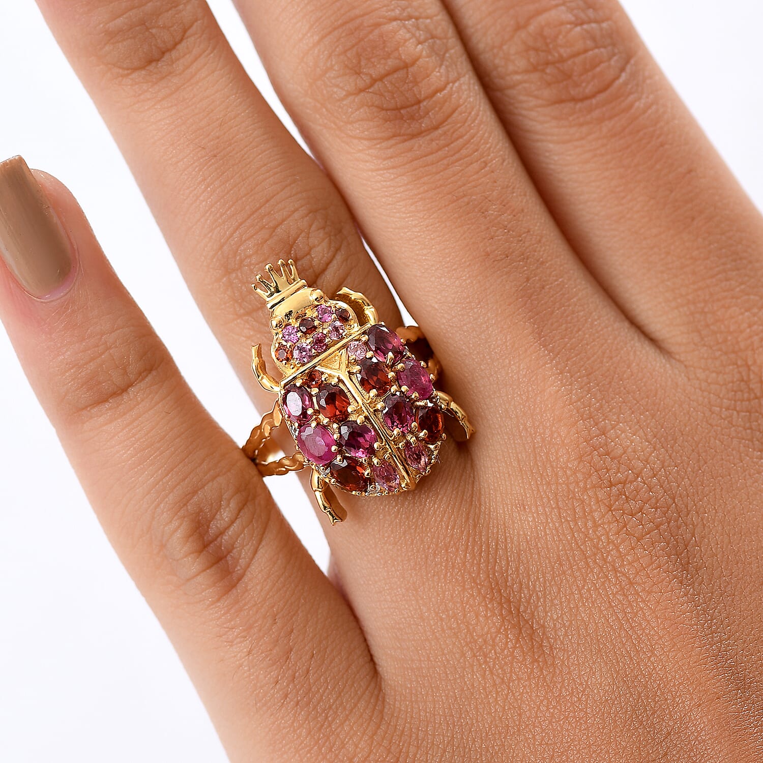 GP Italian Garden Collection - African Ruby & Multi Gemstones Crown on Beetle Ring in 18K Vermeil Yellow Gold Plated Sterling Silver 3.07 Ct.