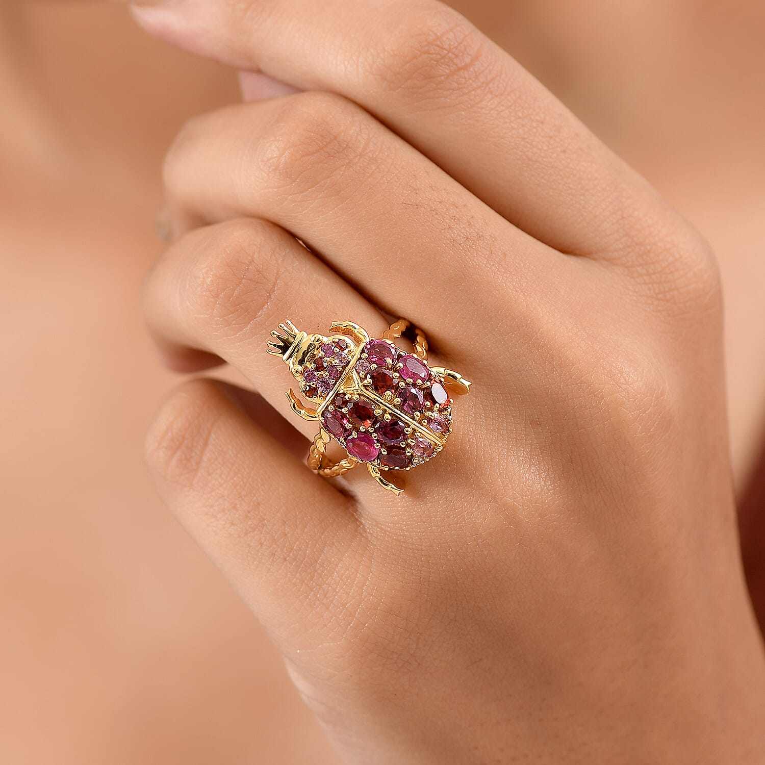 GP Italian Garden Collection - African Ruby & Multi Gemstones Crown on Beetle Ring in 18K Vermeil Yellow Gold Plated Sterling Silver 3.07 Ct.