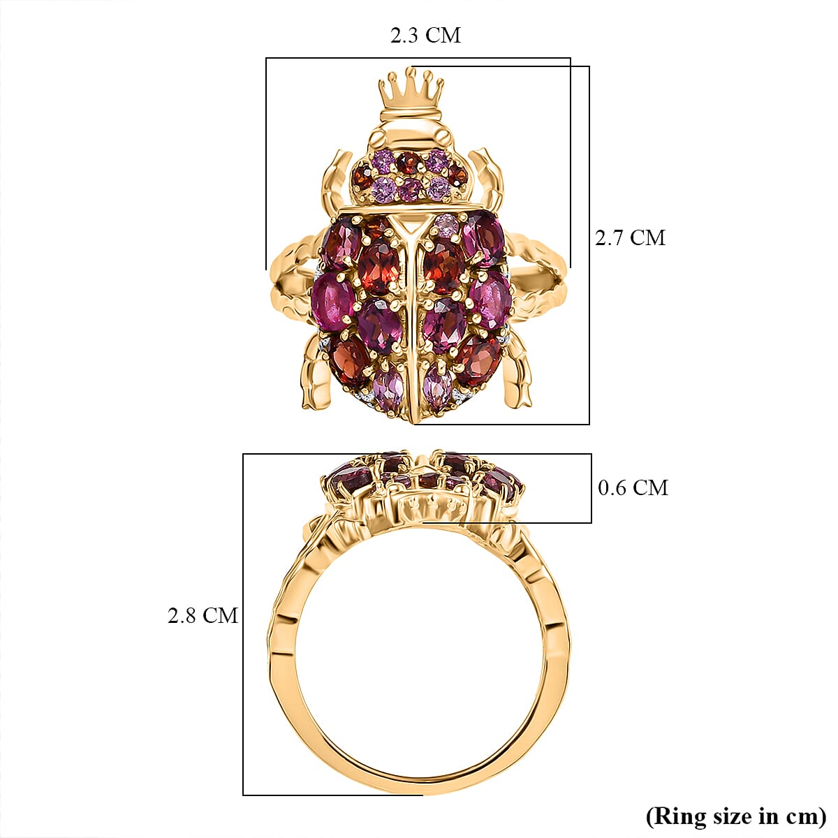 GP Italian Garden Collection - African Ruby & Multi Gemstones Crown on Beetle Ring in 18K Vermeil Yellow Gold Plated Sterling Silver 3.07 Ct.