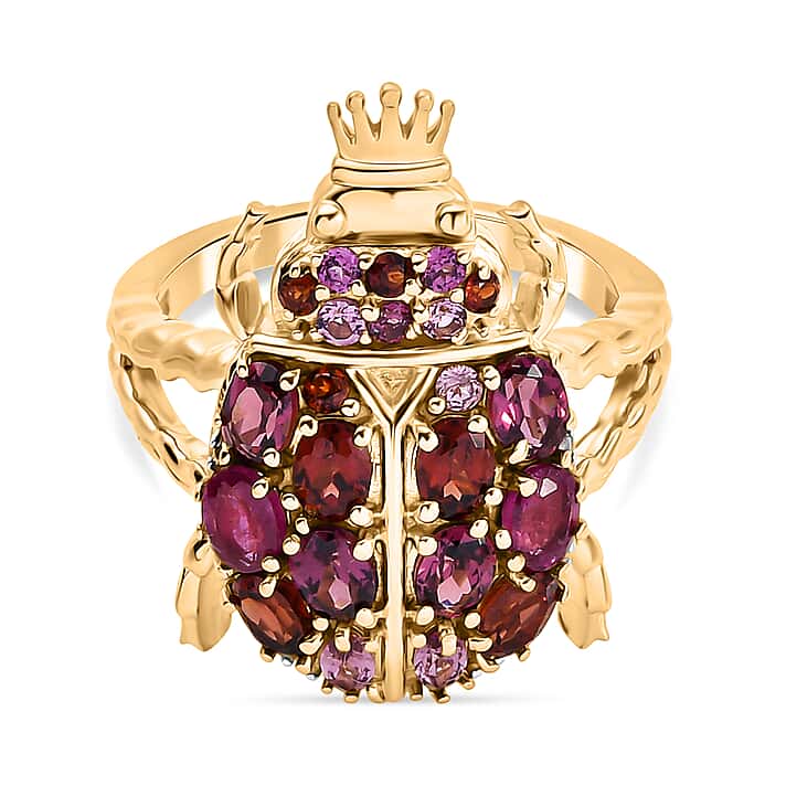 GP Italian Garden Collection - African Ruby & Multi Gemstones Crown on Beetle Ring in 18K Vermeil Yellow Gold Plated Sterling Silver 3.07 Ct.