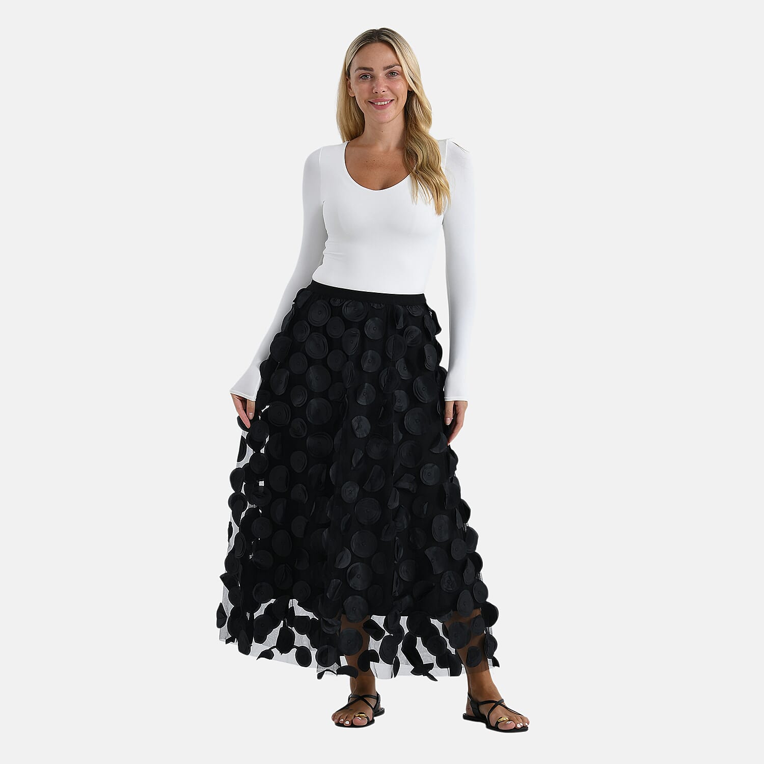 La Marey 3D Flower Appliques Tulle Skirt (Size - S-M) - Black