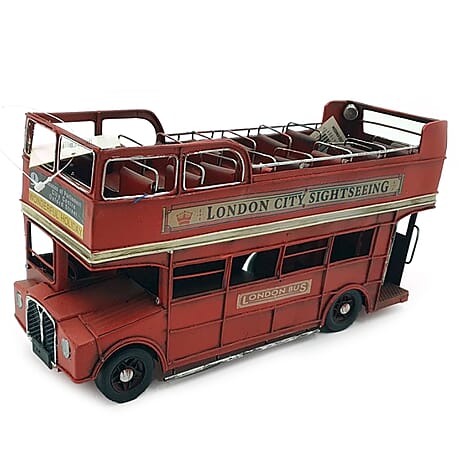 Past Time Creative Craft Hand Painted Metal Open Top London Bus Ornament - Red