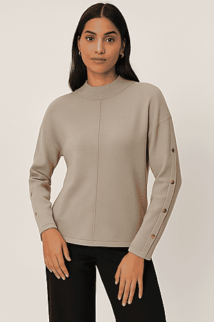 Anamor Gold Button Trim Sleeve Supersoft Jumper (Size S) - Stone