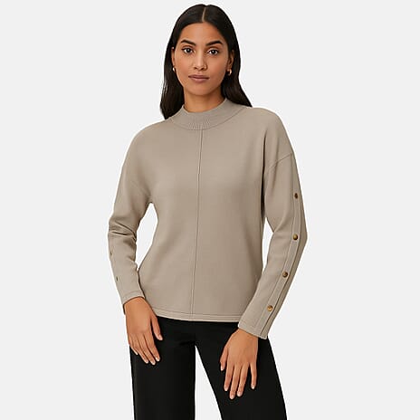 Anamor Gold Button Trim Sleeve Supersoft Jumper (Size S) - Stone