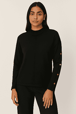 Anamor Gold Button Trim Sleeve Supersoft Jumper (Size XL) - Black