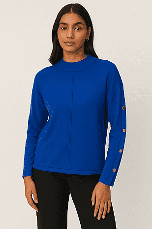 Anamor Gold Button Trim Sleeve Supersoft Jumper (Size S) - Cobalt