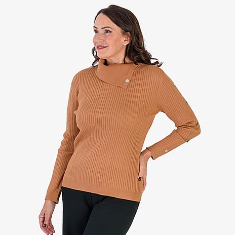 Anamor Cable Knit Splitneck Jumper With Gold Button Sleeve (Size M) - Camel