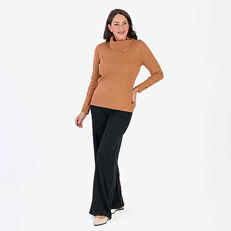 Anamor Cable Knit Splitneck Jumper With Gold Button Sleeve (Size XL) - Camel