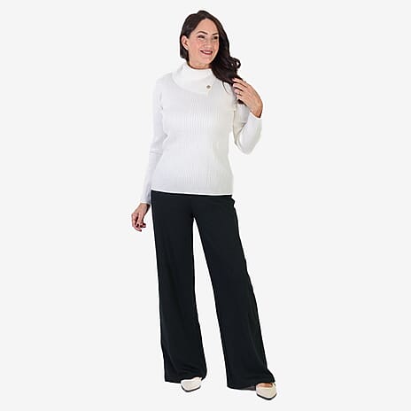 Anamor Cable Knit Splitneck Jumper With Gold Button Sleeve (Size L) - Ivory