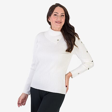 Anamor Cable Knit Splitneck Jumper With Gold Button Sleeve (Size XL) - Ivory