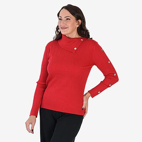 Anamor Cable Knit Splitneck Jumper With Gold Button Sleeve (Size L) - Red