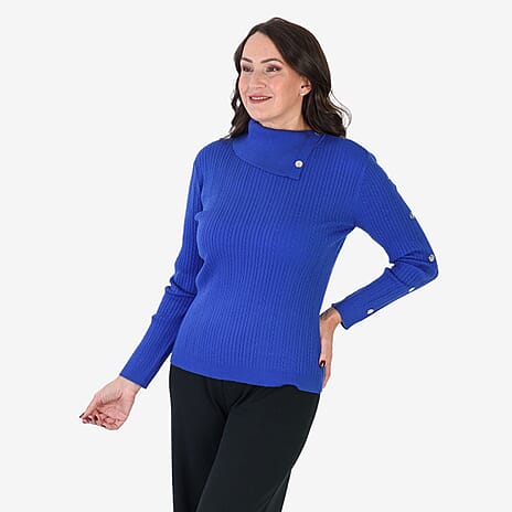 Anamor Cable Knit Splitneck Jumper With Gold Button Sleeve (Size XL) - Cobalt