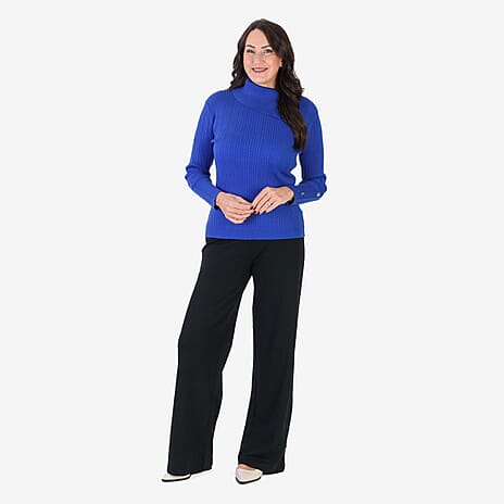 Anamor Cable Knit Splitneck Jumper With Gold Button Sleeve (Size XL) - Cobalt