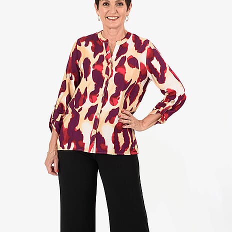 Anamor Abstract Print Grandad Collar Shirt With Dip Hem (Size M-L) - Pink