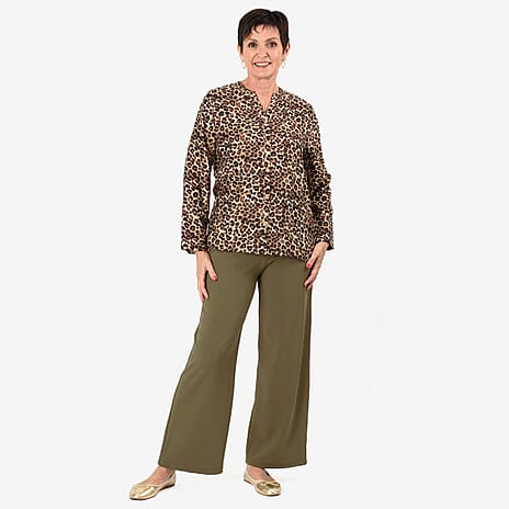 Anamor Leopard Print Grandad Collar Shirt With Dip Hem (Size S-M) - Brown