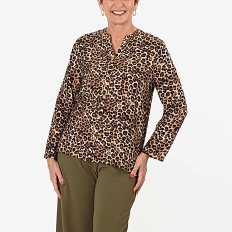 Anamor Leopard Print Grandad Collar Shirt With Dip Hem (Size M-L) - Brown