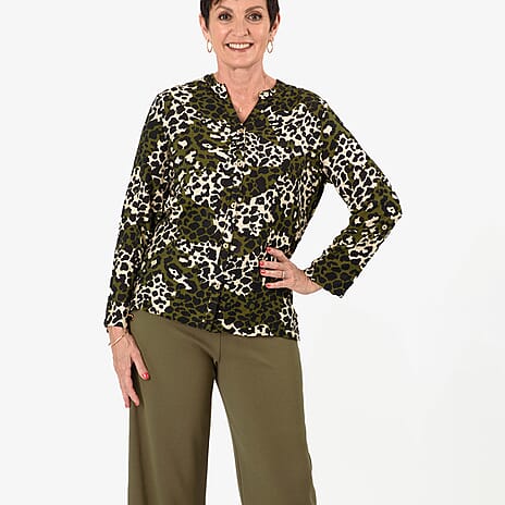 Anamor Leopard Print Grandad Collar Shirt With Dip Hem (Size S-M) - Green