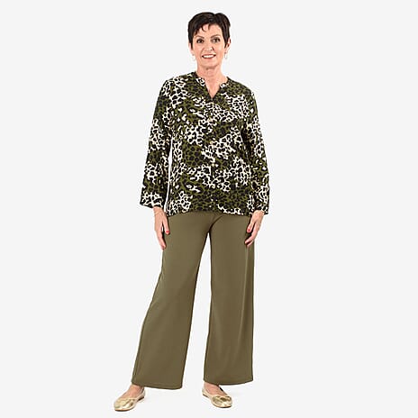 Anamor Leopard Print Grandad Collar Shirt With Dip Hem (Size XL-XXL) - Green