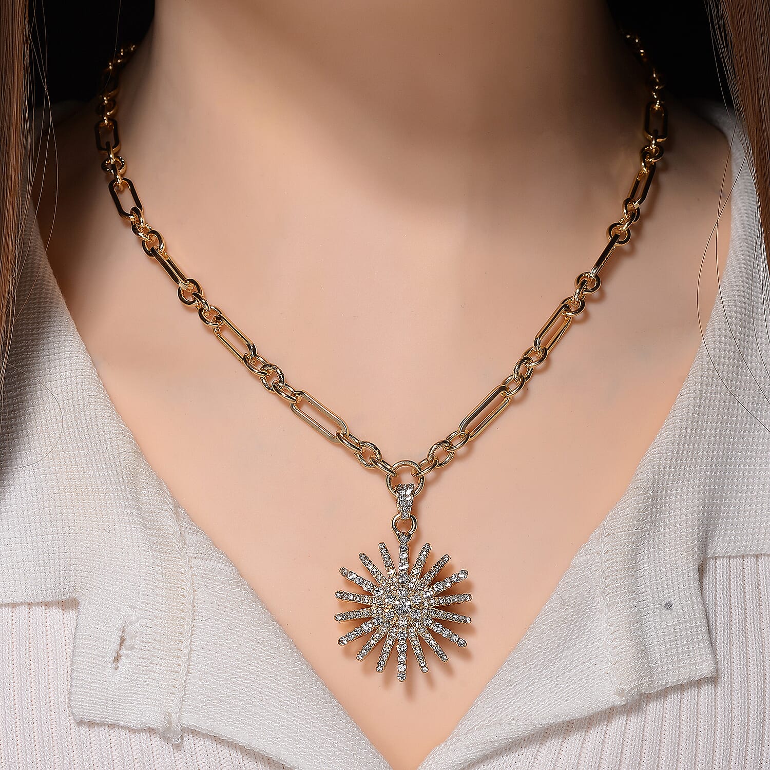 Austrian White Crystal Starburst Necklace (Size 19.5 - 2 Ext) in Yellow Gold Plated