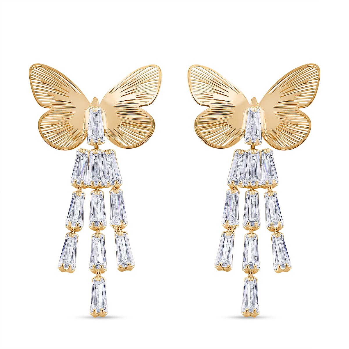 White Cubic Zirconia Dangling Butterfly Earring with Push Back in Yellow Gold Plated 1.00 Ct.