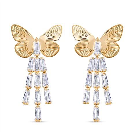 White Cubic Zirconia Dangling Butterfly Earring with Push Back in Yellow Gold Plated 1.00 Ct.