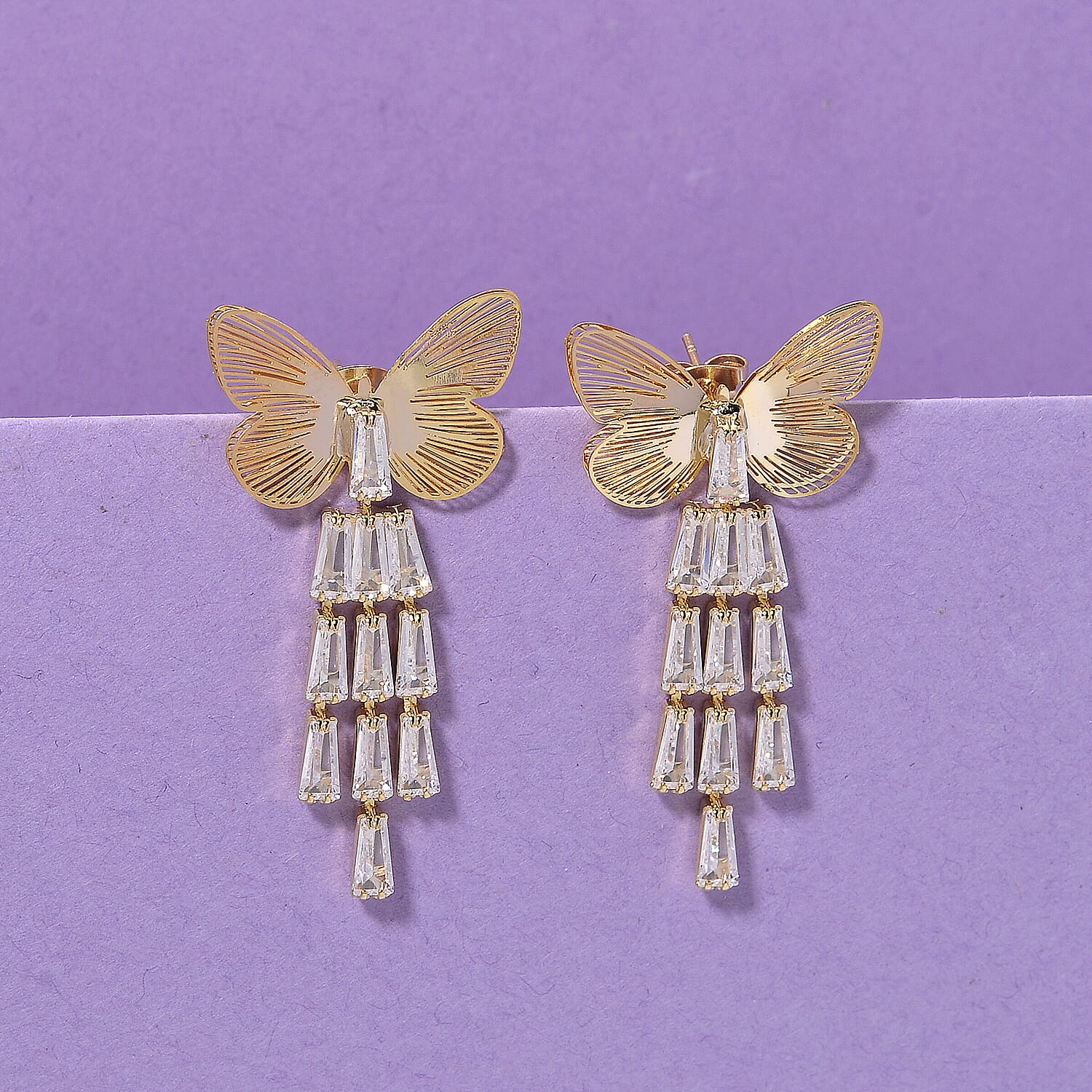 White Cubic Zirconia Dangling Butterfly Earring with Push Back in Yellow Gold Plated 1.00 Ct.