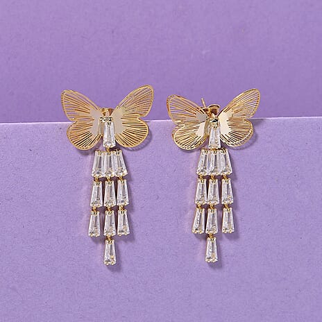 White Cubic Zirconia Dangling Butterfly Earring with Push Back in Yellow Gold Plated 1.00 Ct.