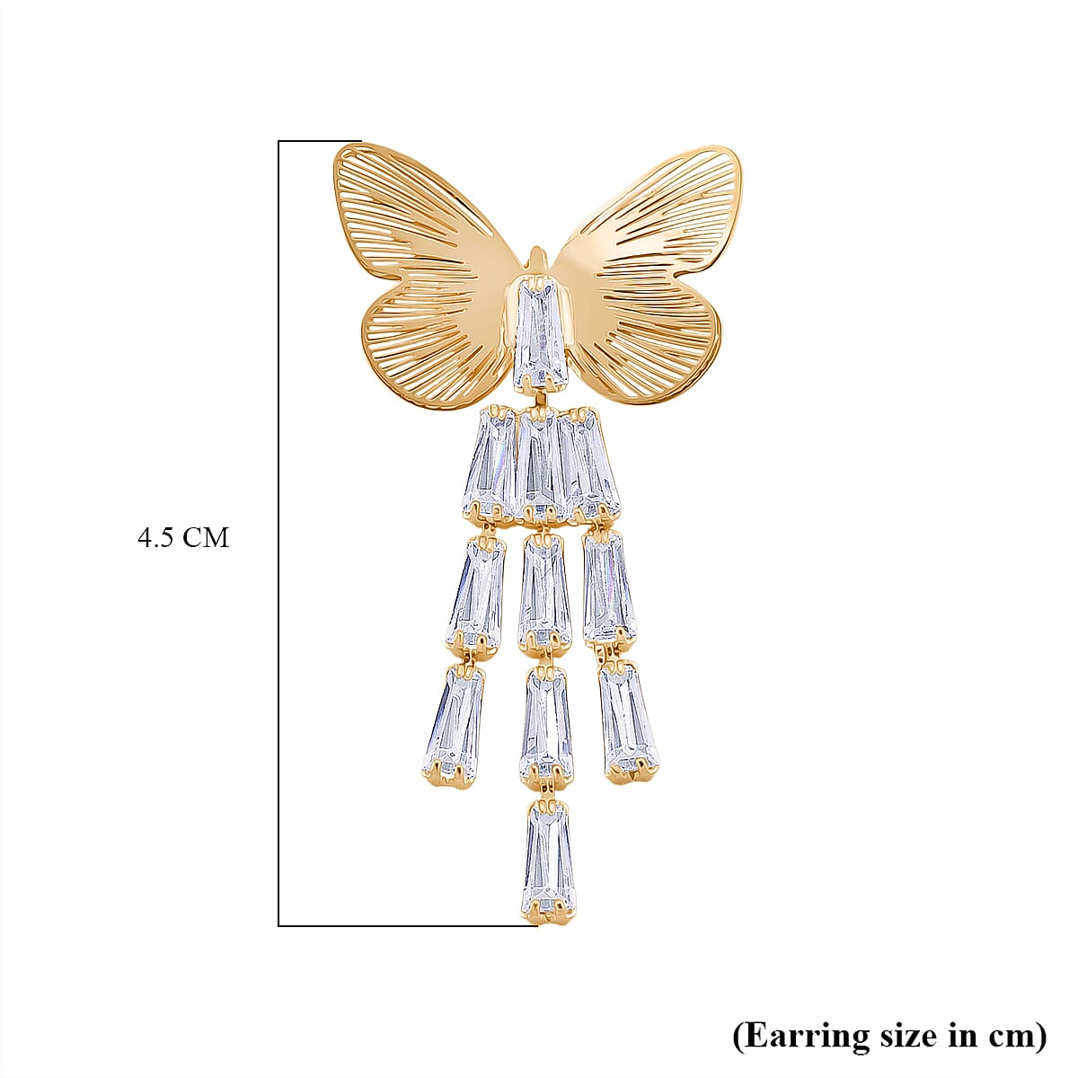 White Cubic Zirconia Dangling Butterfly Earring with Push Back in Yellow Gold Plated 1.00 Ct.